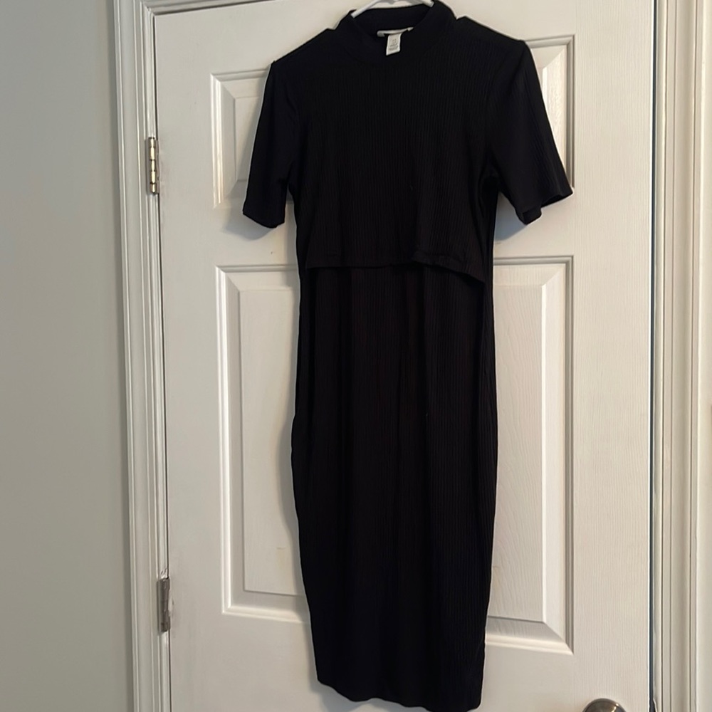 Short sleeve MATERNITY and NURSING dress - ribbed with mock turtleneck